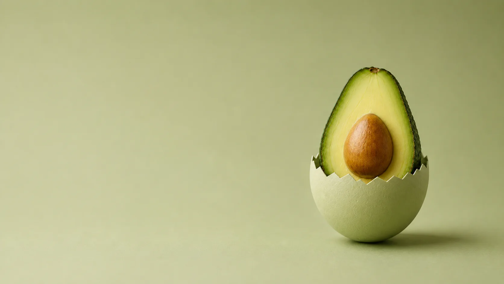 Avocado che nasce da un guscio d’uovo, su fondo verde tenue